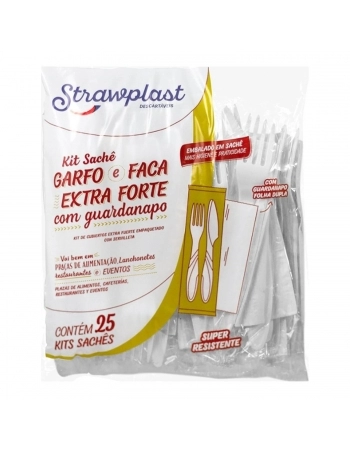 KIT SACHÊ GARFO/FACA/GUARDANAPO BRANCO C/25 [824] - STRAWPLAST